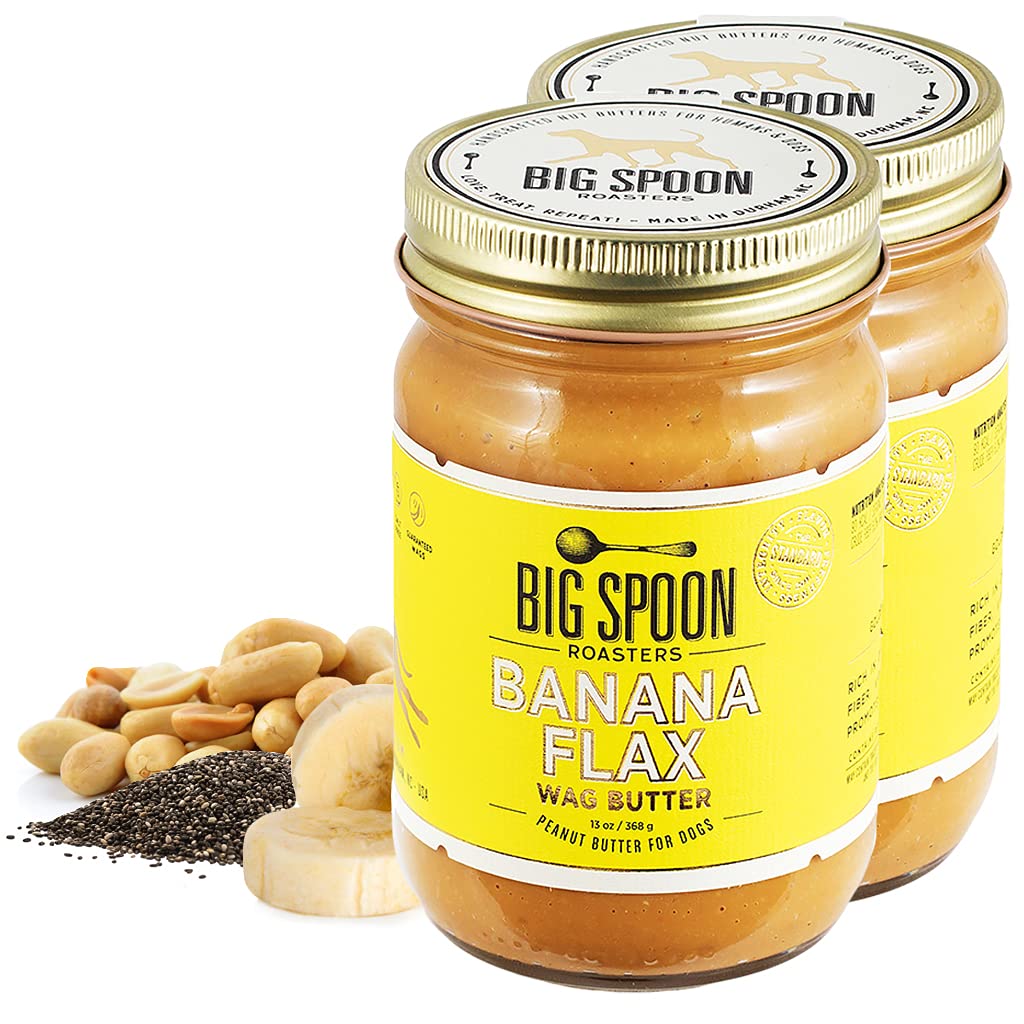 Big Spoon Roasters Wag Butter Banana Flax - Peanut Butter for Dogs - All Natural & Healthy Dog Peanut Butter - Puppy Treats & Snacks – No Gluten, Soy, or Palm – Made in The USA - 2 x 13 Ounce Jars