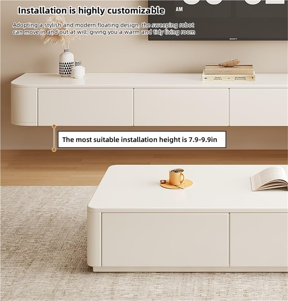Soporte flotante de madera maciza para TV con cajones, moderno soporte de pared para consola de TV, con almacenamiento, consola de TV para dormitorio, sala de estar (blanco, 63 x 9.5 x 7.9 pulgadas)