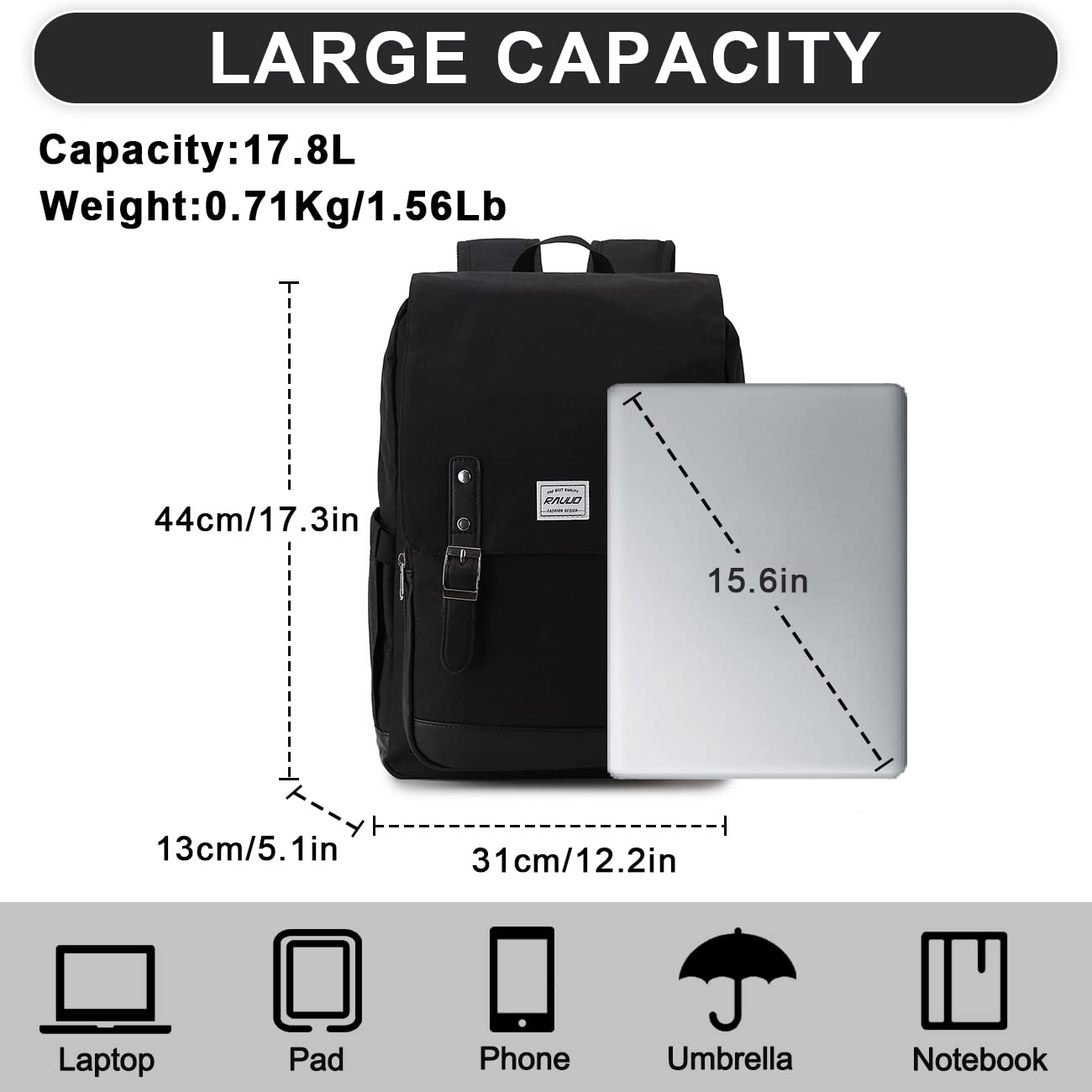 RAVUO Backpack for Women Men, Water Resistant Laptop Backpack College Bag Casual Daypack Travel Rucksack Black