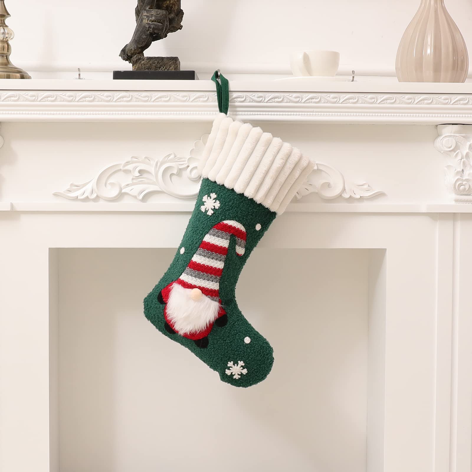 Christmas Stockings Green 15 x 10.6 Inch 3D Dwarf Christmas Stockings Pullover Knitted Santa Claus, Character Christmas Decoration For Family Holiday Christmas Party