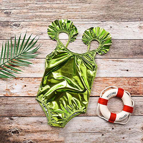 Newborn Baby Girls Onepiece Glitter Solid Swimsuit Backless Halter Ruffles Beachwear Bathing Suit (Light Green, 12-18 Months) - Thumbnail 4