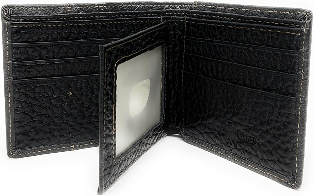 Western Genuine Tooled Leather Cowhide Cow Fur Mens Bifold Short Wallet in Multi Emblem (Black Star)