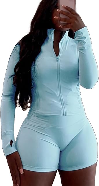 Vssjavun Women 2 Piece Outfits Workout Jacket Bodycon Short Sets