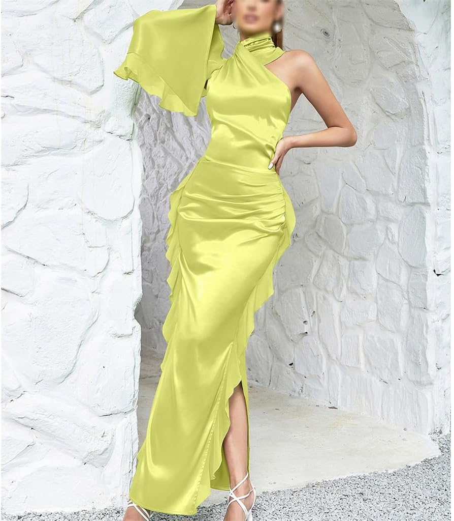 JSEIAJB Sexy Strapless Long Sleeve Solid Color Tie Side Split Slim Dinner Cocktail Dress