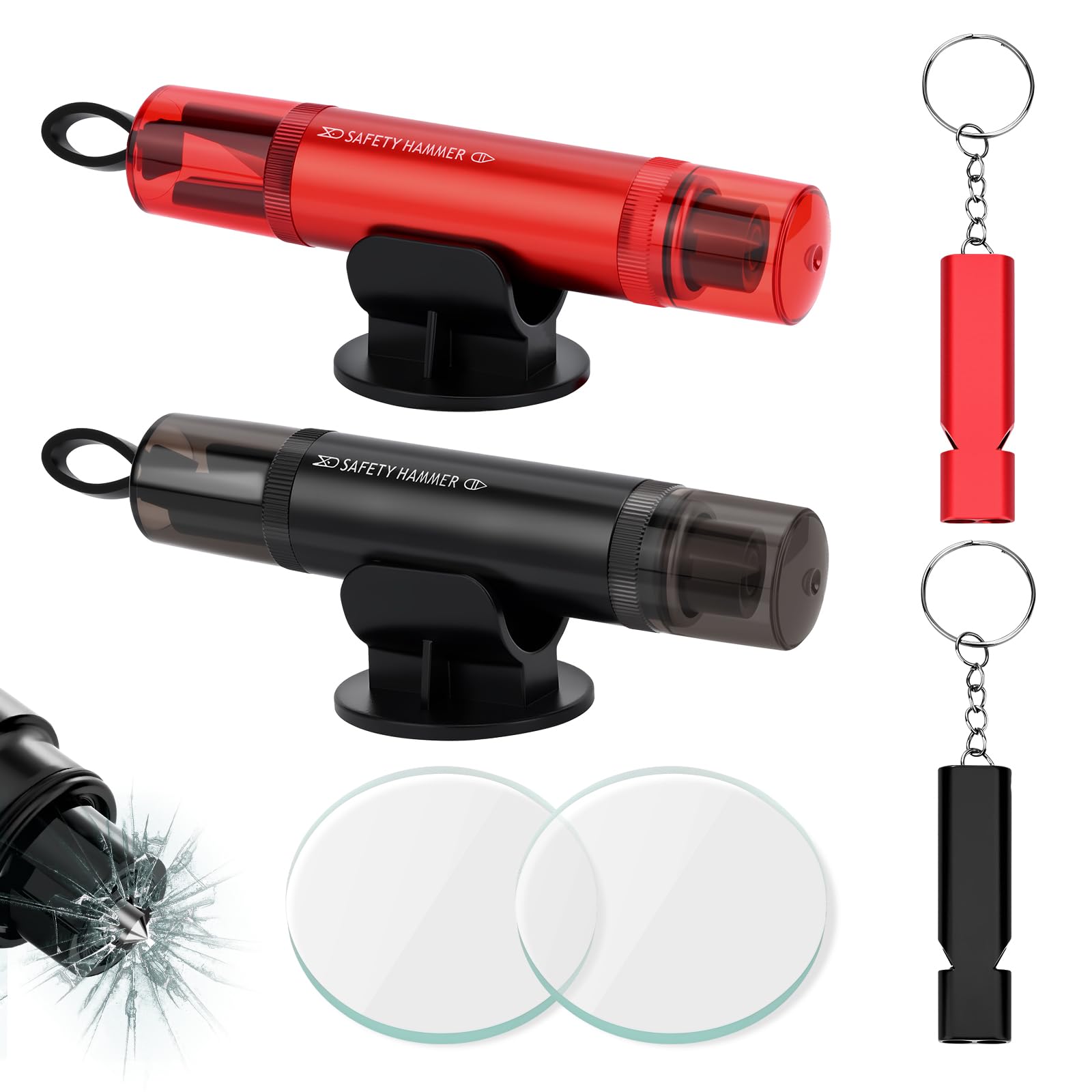 Kit 2 Marteaux De Sécurité Voiture 2 En 1 - Brise-vitre + Coupe-ceinture, Avec Socle Et Sifflet, Rouge