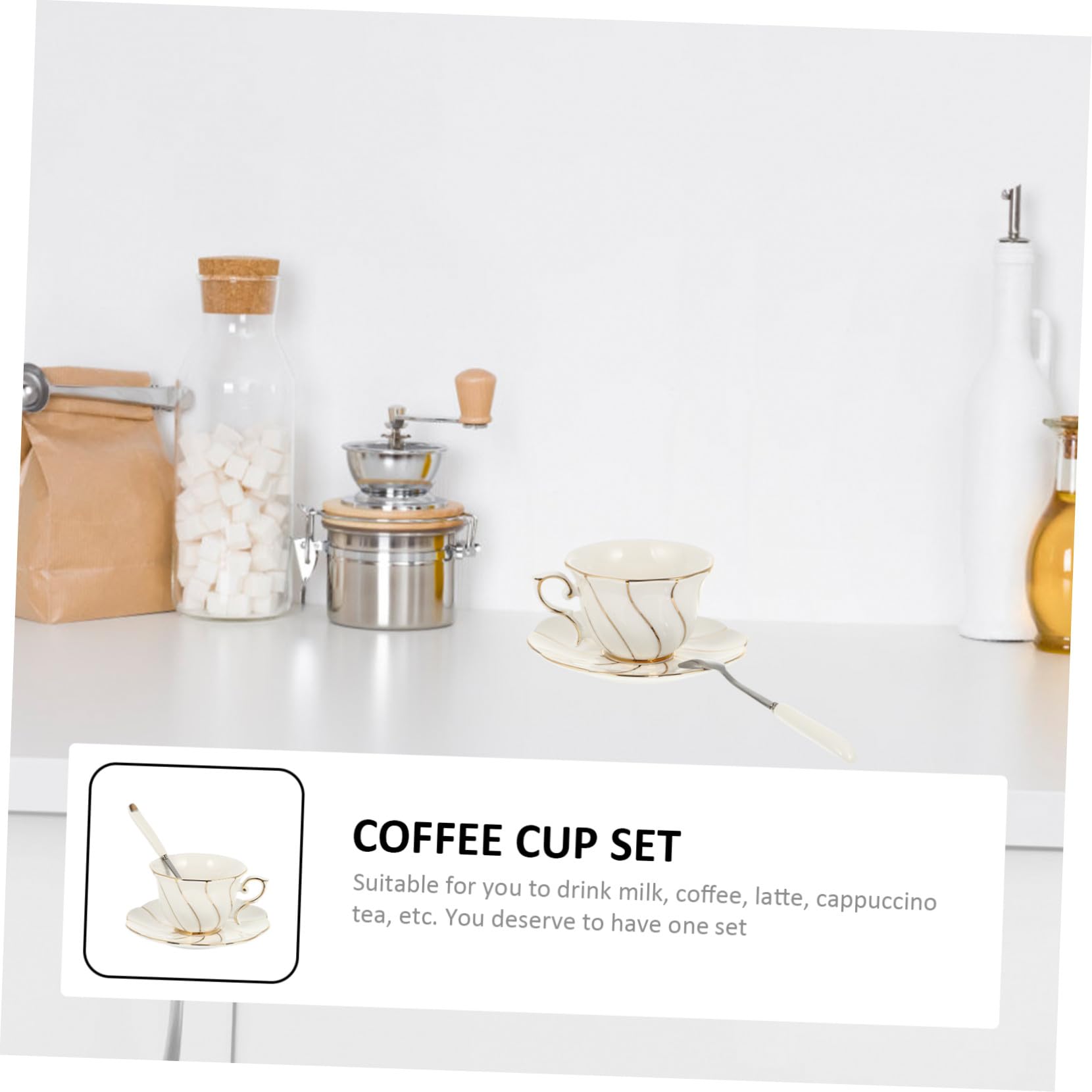 Gatuida Tazas de Café y Té de Elegante con Dorado Set de Taza Plato y Cuchara Resistente y Fácil de Limpiar para Hogar y Oficina