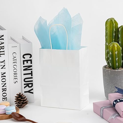 Miniatura 6 de RACETOP Paquete de 100 bolsas de regalo pequeñas de 5.8 x 3.2 x 8.25 pulgadas, bolsas de papel kraft blancas con asas a granel, bolsas de compras al