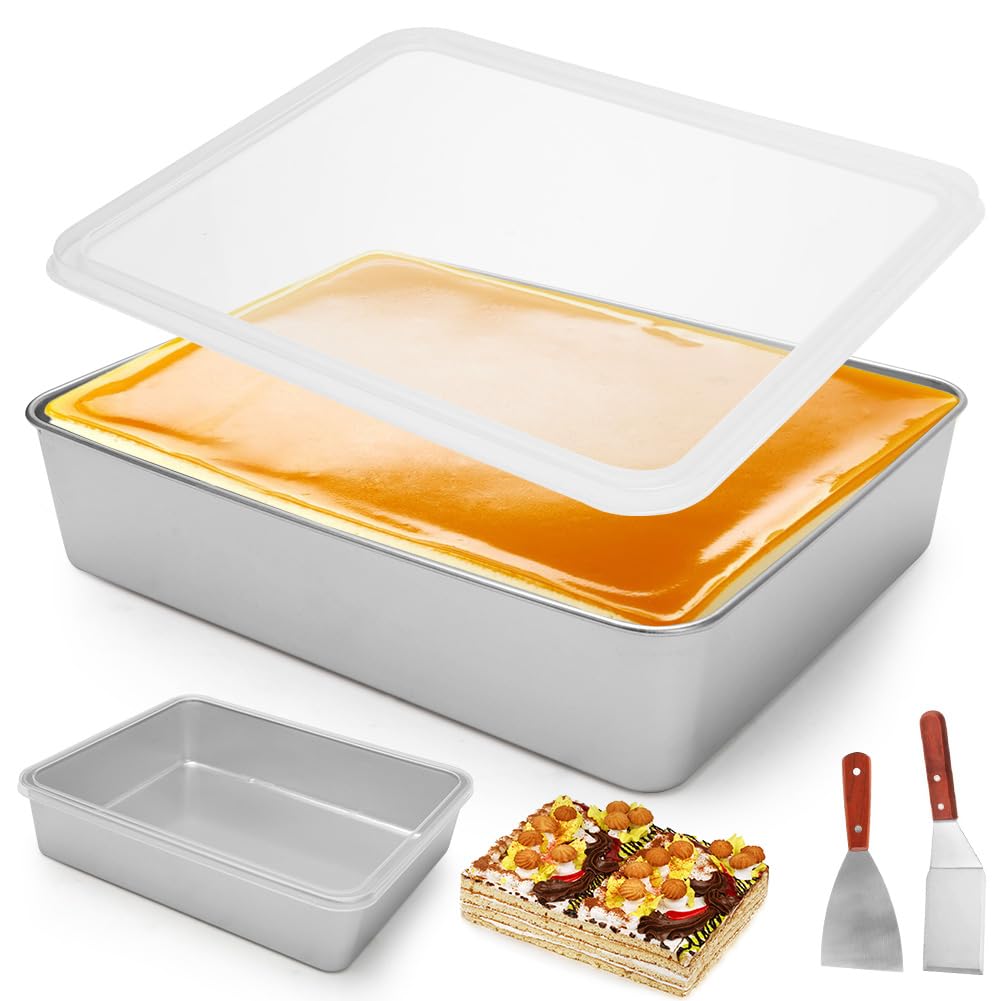 Gohytal Teglia da forno in acciaio inox con coperchio ermetico, 2 spatole per torte, teglia rettangolare per arrostire, lavabile in lavastoviglie, per casseruole, torte, brownie lasagne
