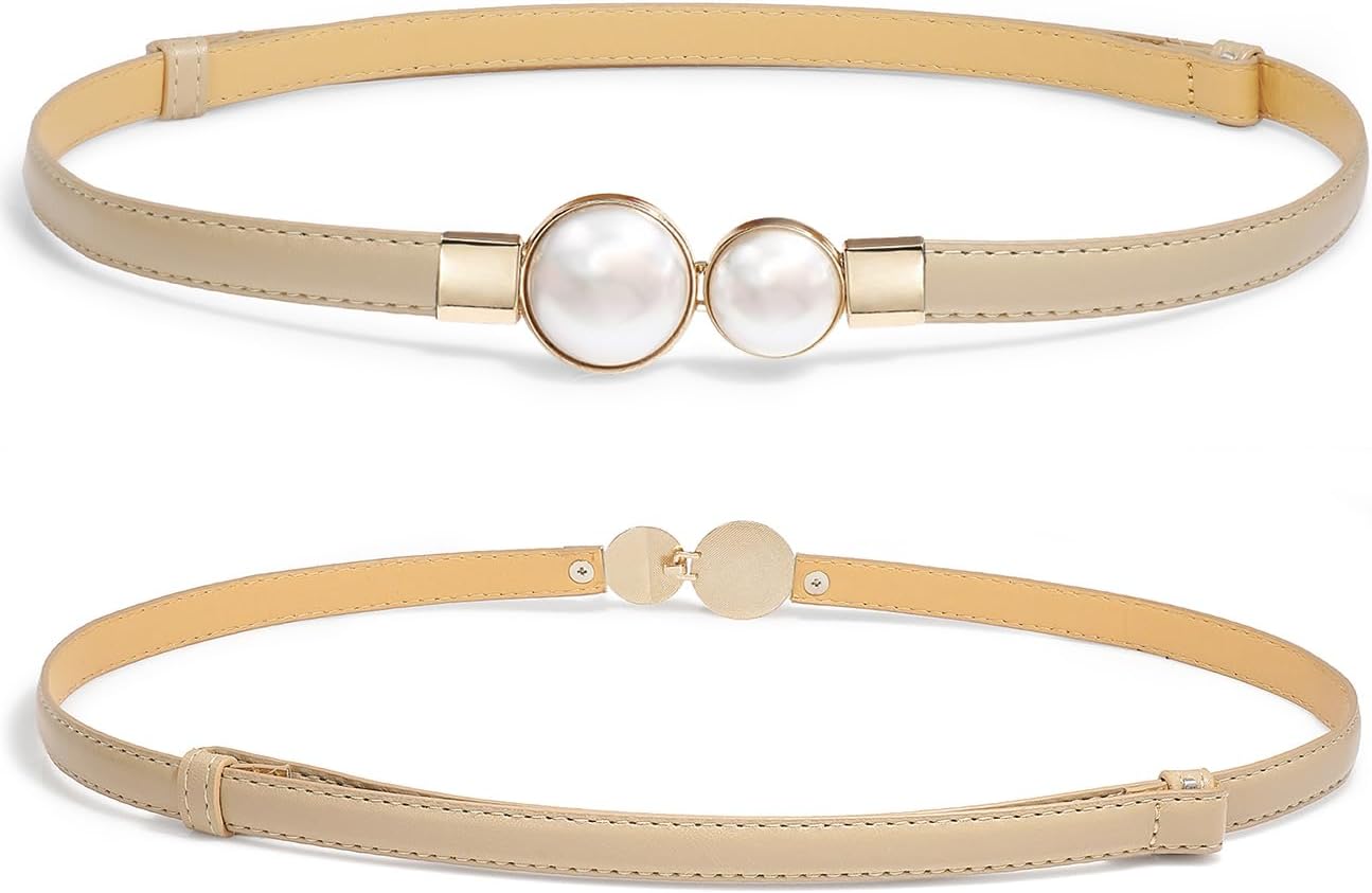 Skinny Belts for Women Thin PU Leather Waist Belt Pearl Buckle Belt for Dresses - Image 5