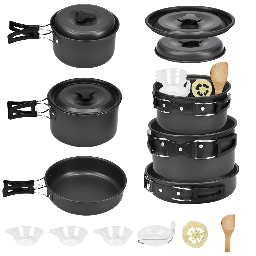 9 pcs Utensilios de Cocina para Camping, Juego de Ollas y Sartenes para Camping Vajilla para Acampada Portátil, Kit Utensilios de Cocina Camping para 2-3 Personas para Senderismo Picnic