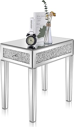 Miniatura 9 de VINGLI Mesa auxiliar estrecha con espejo, pequeña mesa auxiliar para sofá/sofá/cama con almacenamiento, mesita de noche de cristal delgada para