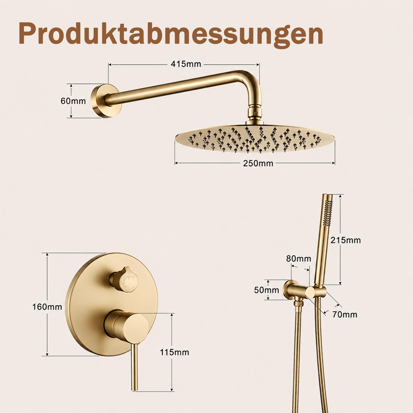Unterputz Duscharmatur Set, Duschsystem Unterputz Gold mit 25cm Regendusche