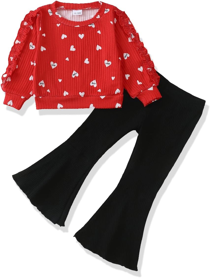 Renotemy Toddler Baby Girl Clothes Fall Winter Outfits, Ruffle Sleeve Crew Neck Sweatshirts Flare Pants Set 12Months-4 Year