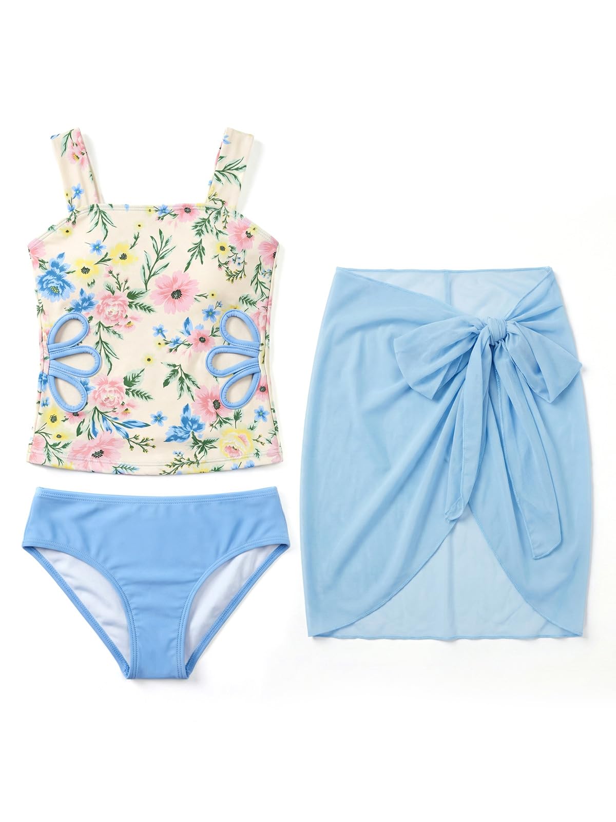 SHEKINI Tankini da bambina, set da 3 pezzi, con canottiera e slip con gonna copricostume, età 8-14 anni