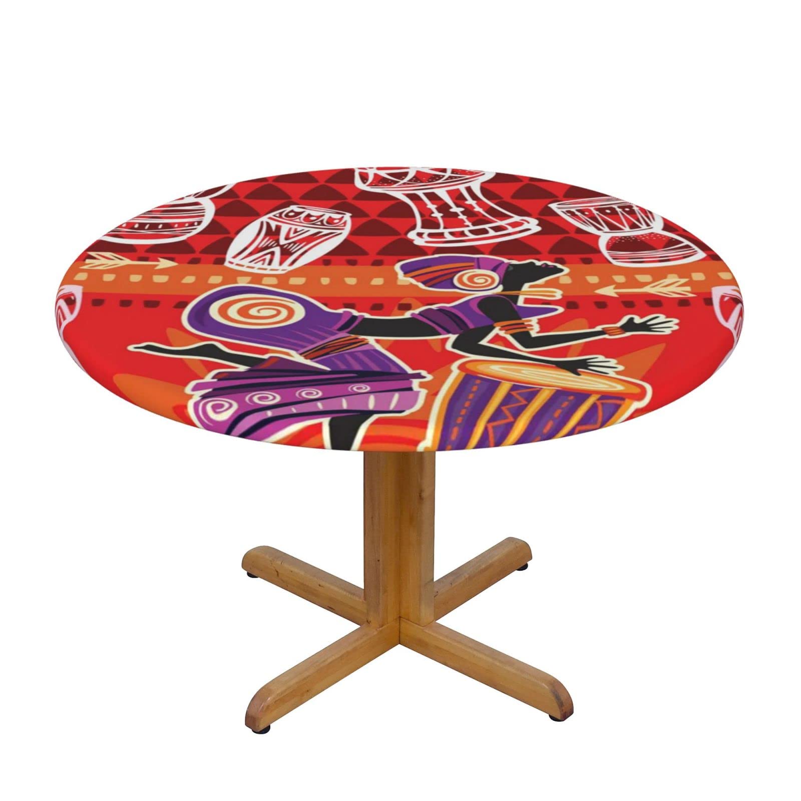 Lsjuee Round Fitted Tablecloth 45-50in Elastic Edged Table Cloth for Kitchen Dining Party Home Decor - African Tribal Women Dancing Black