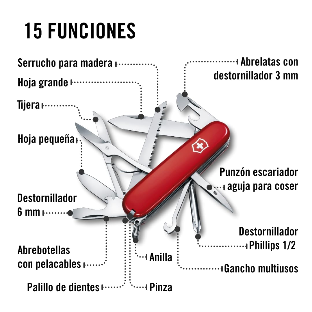 Victorinox Navaja suiza de bolsillo Fieldmaster, 15 funciones, Hecha en Suiza, multiherramienta con gancho multiusos, abrelatas, tijeras, rojo