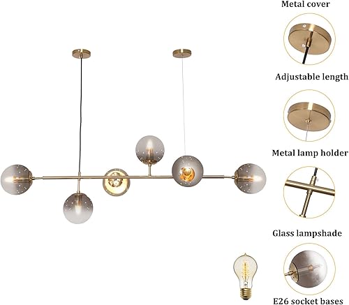 Miniatura 9 de OUKANING Candelabro moderno para comedor con pantalla de vidrio de 6 luces, lámpara colgante de mediados de siglo para cocina, isla de estar,