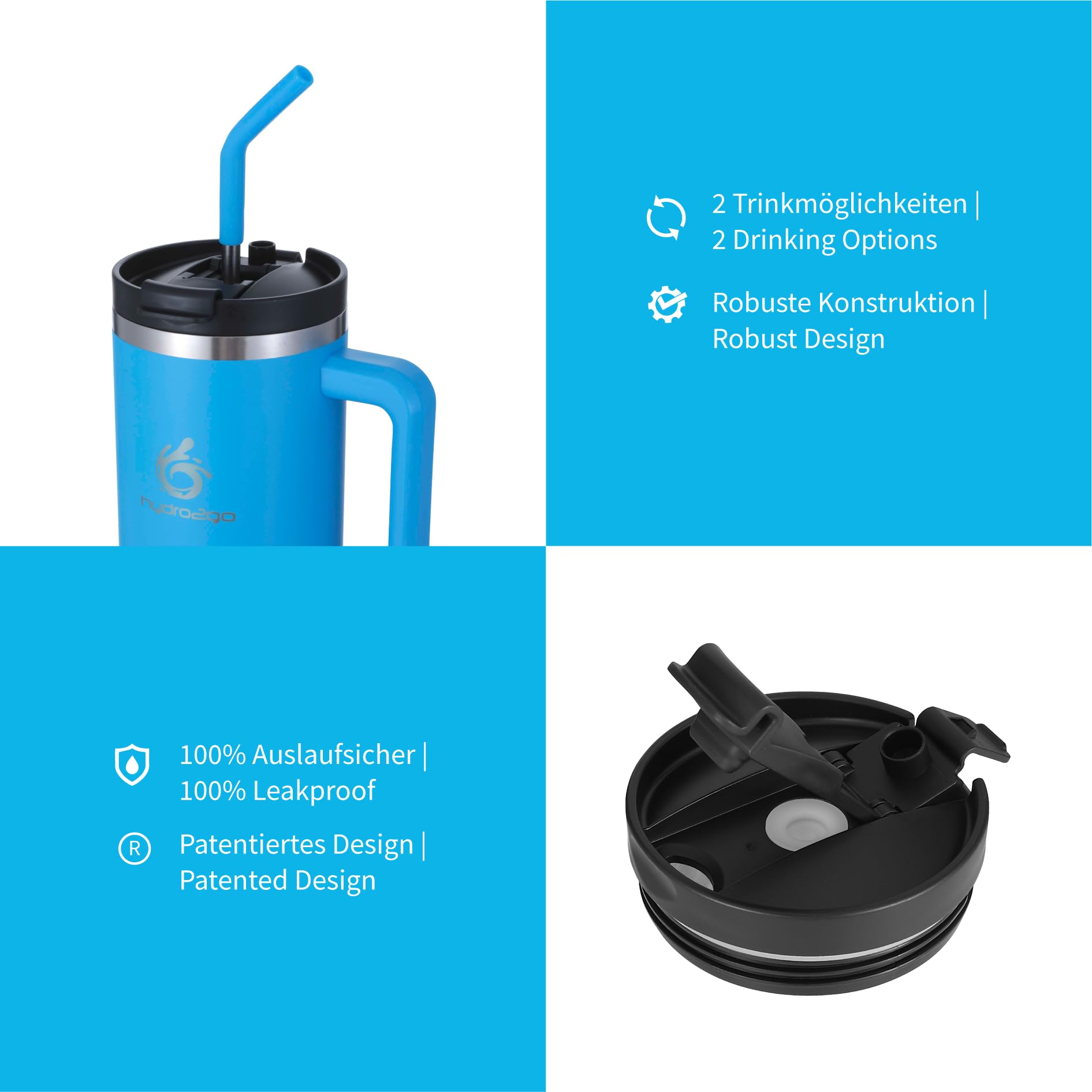 Starla Thermosbeker met rietje en handvat, 1,2 l, groot, 2 deksels, lekvrij, roestvrijstalen isolatiebeker, koffiebeker, to-go, waterbeker, drankbeker, reisbeker, drinkbeker met handvat, S lavendel