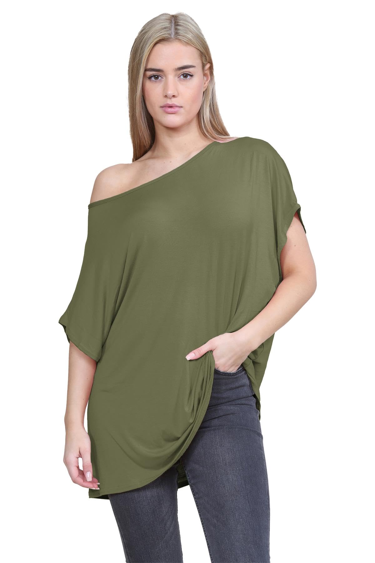 Hamishkane Women's Khaki Hamishkane® Bardot Baggy Style Oversized T Shirt For - New Plain Off The Shoulder Batwing Top, Fashionable Tops For Casual Party Wear