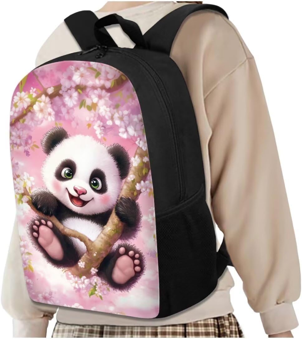 Cherry Blossom Panda Backpack for Kids Girls Backpack with Lunch Box Water Bottle Bag and Zipper Pencil Case 4Pcs Set 17" Bookbag with Side Pockets for School Lightweight Elementary School Bag