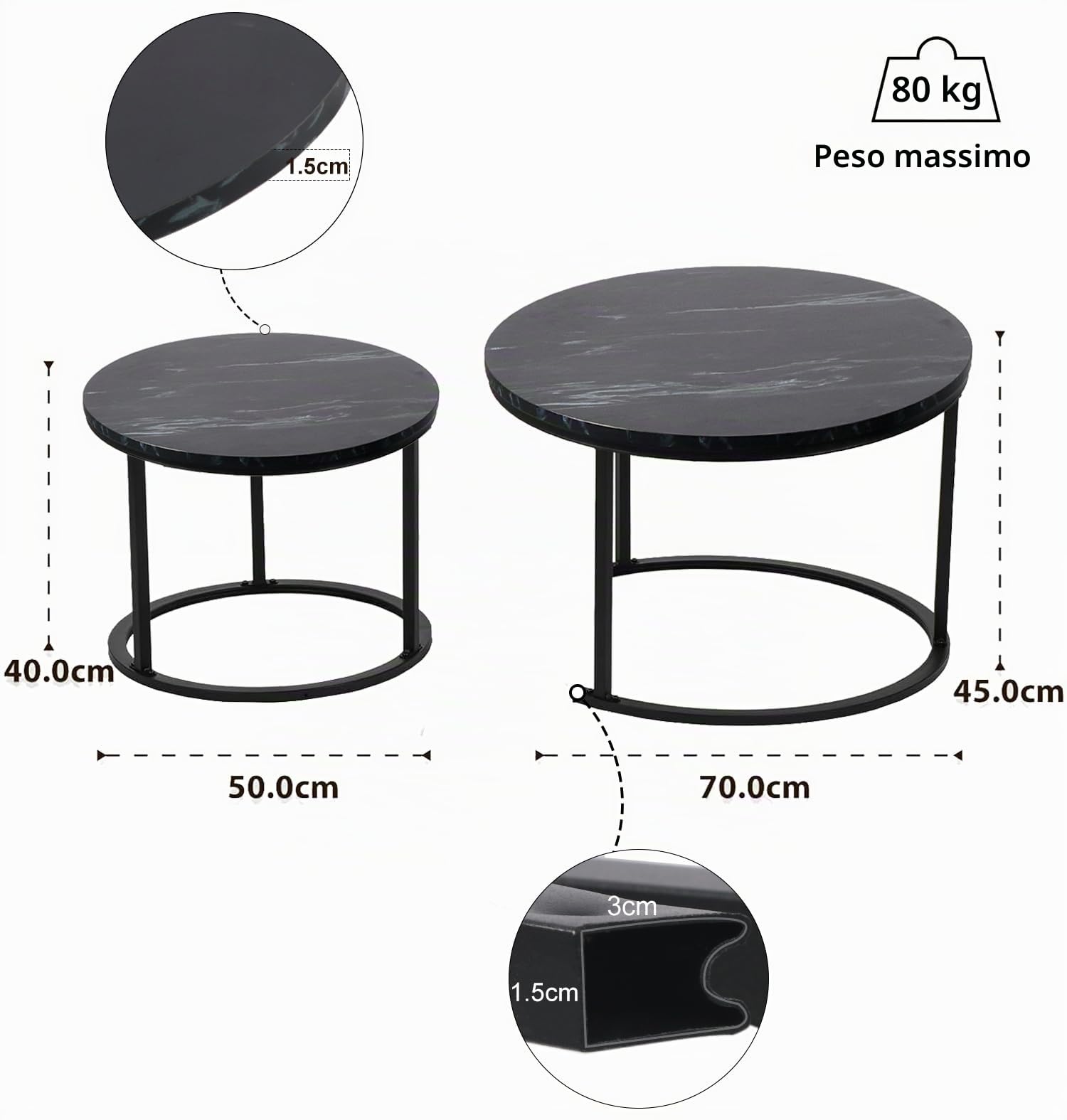BIGTREE Tavolino rotondo, set da 2 pezzi, tavolino da salotto in legno, moderno, tavolino con struttura in metallo, per soggiorno, balcone, ufficio (Nero)