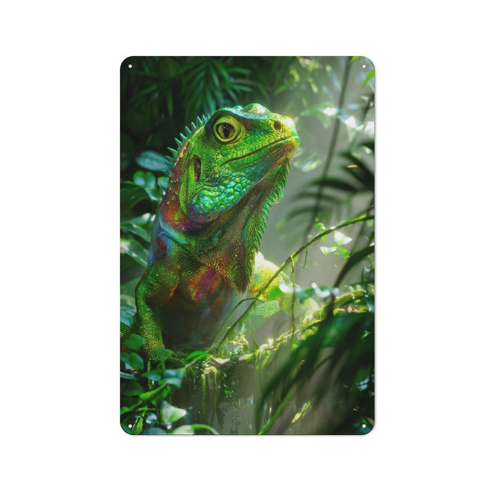 Retro Tin Sign 30x20cm Featuring Vibrant Chameleon in Lush Jungle for Workshop Wall, Gift for Makers And DIY Enthusiasts during The Christmas Season