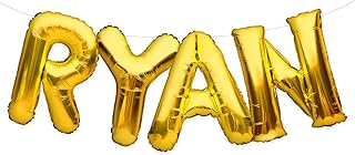 PartyForever RYAN Balloon Banner Big 16 Inch Gold Foil Balloons Letters Name for Men and Boys Birthday Party Decorations and Wedding Supplies for Him