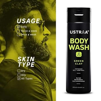 Ustraa Body Wash - Green Clay 6.76 oz - set of 2 - Intense Oil Control - removes excess oil, No post-shower dryness, Intense foaming without sulphates