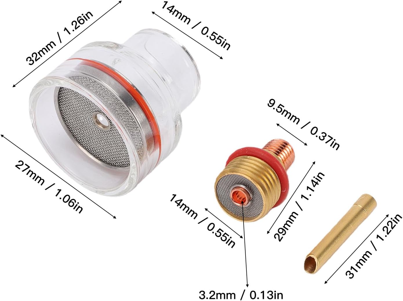Garosa Torch Glass Cup Kit, Durable Gas Lens Replacement Set for Workshop Welding Brass Glass Ceramic WP17 WP18 WP26 1 8in 3 2mm 7PCS