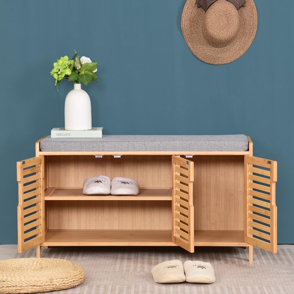 Scarpiera in bambù con panca da seduta, scarpiera con 3 scomparti, cuscino, mobiletto per scarpe, per ingresso, corridoio, 50 x 90 x 35 cm (Grigio)