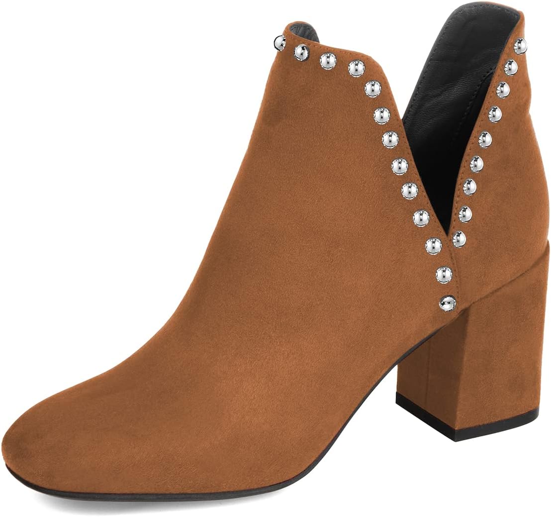 FSJ Women Stylish Ankle Boots Studded V Cutout Closed Round Toe Rivet Slip On Western Chunky Stacked Mid Heel Booties Size 4-15 US