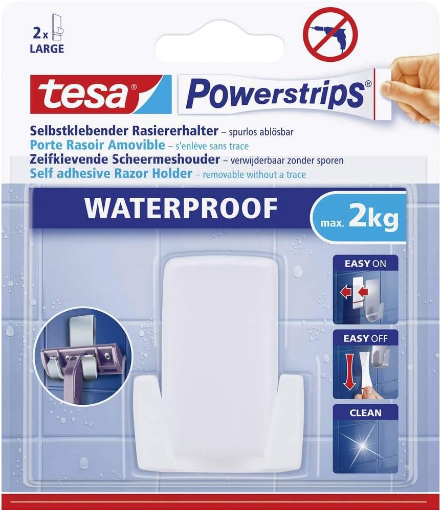 tesa UK Powerstrips Waterproof Hook with Removable Adhesive Strips - White