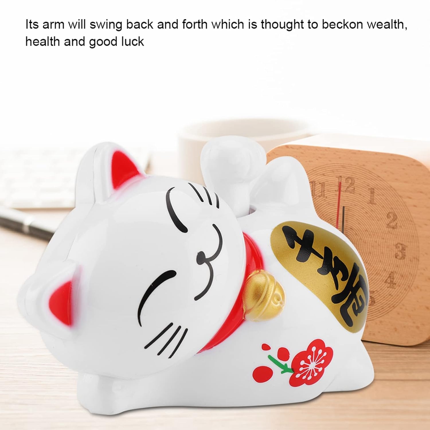 Solar Powered Waving Lucky Cat Statue, Beckoning Money Cat with Moving Arm for Home Office and Car Decor