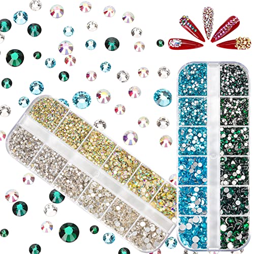 Nail Art Rhinestone Flatback Gems Crystals Ab+White+Blue+Green 5349 Pcs Multicolor Rhinestones For Nails Art/Eyes 6 Size,Round Glass Stones Charms Kit For Crafts, With Picking Pen/Tweezer By Albiscoo #TOP6