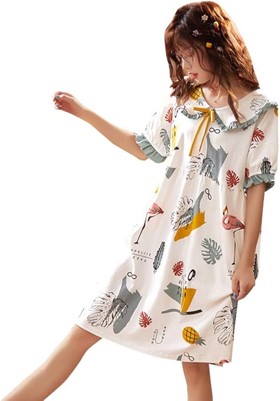 Amazon 今春花信 パジャマ ワンピース レディース 半袖 葉 フラミンゴ柄 夏 可愛い ネグリジェ 部屋着 ルームウェア 寝巻き 良い肌触り お姫様 ゆったり ルームワンピース ネグリジェ 通販