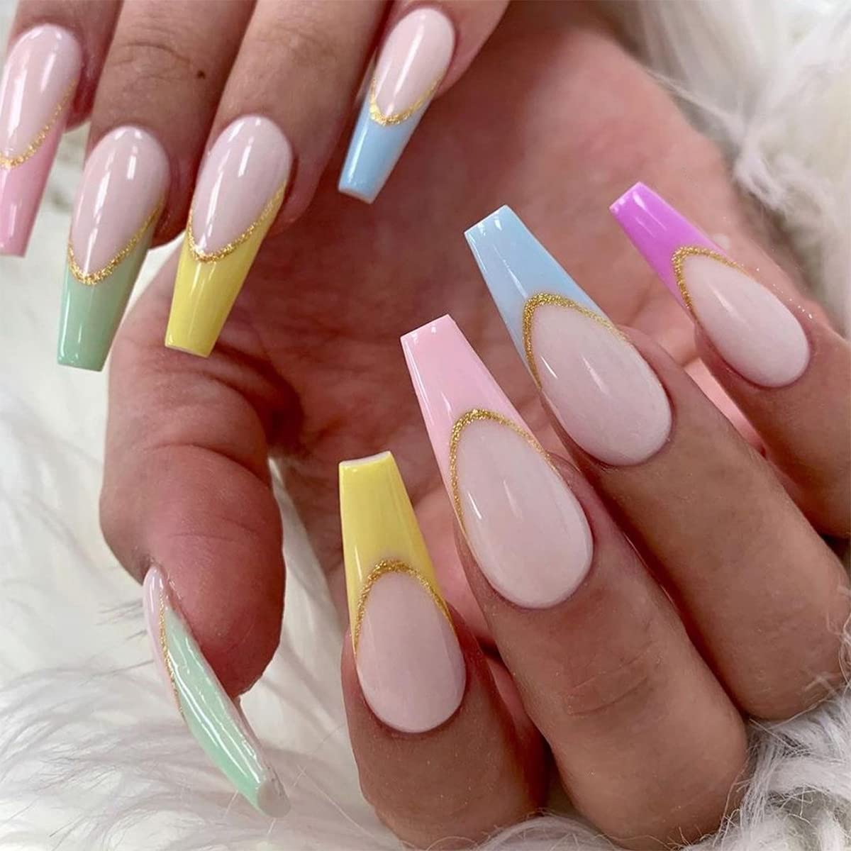 Amazon.com: Sither 24 Pcs Press on Nails Long Rainbow French Pattern Coffin  Fake Nails Glue on Nail for Women Girls Nail Art Gift on Halloween  Christmas Party : Beauty & Personal Care