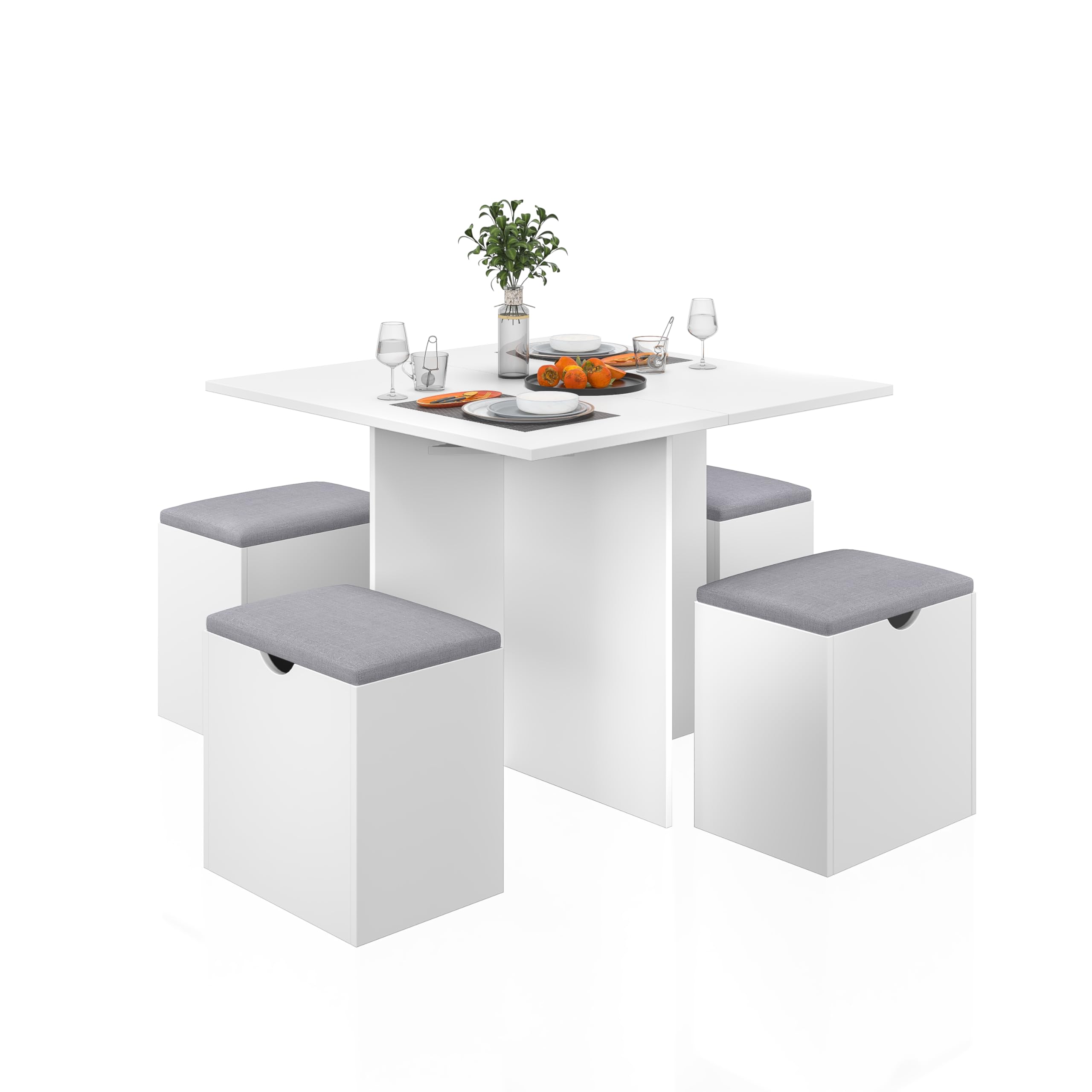 Mondeer Essgruppe, Esstisch mit 4 Hockern Weiches Kissen, Esstisch Set mit Stauraum, für Kleine Räume Esszimmer Küche, 80 x 80 x 75 cm, Weiß und Grau