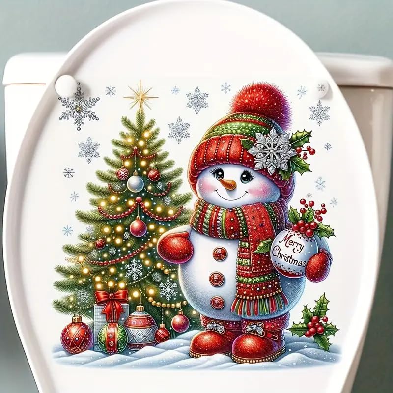 Christmas Snowman and Christmas Tree Toilet Cover Sticker Decals,Fish Bird Flower Leaf Waterproof Toilet Lid Tank Seat Decals Cistern Self-Adhesive Bathroom Wall Sticker