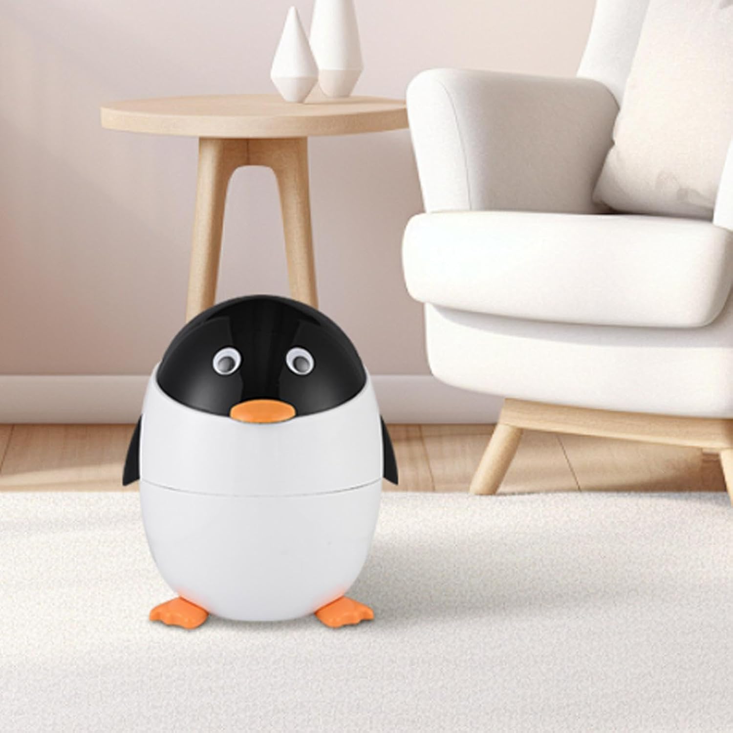 Cartoon Penguin Plastic Trash Can with Lid Bedroom Large Capacity Wastebasket Storage Container for Home Kitchen Dressing Off Ice Kids Bedroom (White)