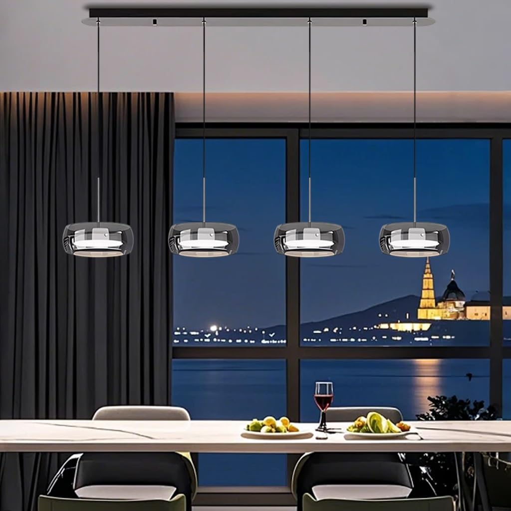 Lampadario Contemporanea A LED Lampada A Sospensione In Vetro Fumé Lampadario In Stile Industriale Lampada Da Pranzo Sospesa Regolabile In Altezza Adatta Per Soggiorno Cucina Camera Da Letto(A4)