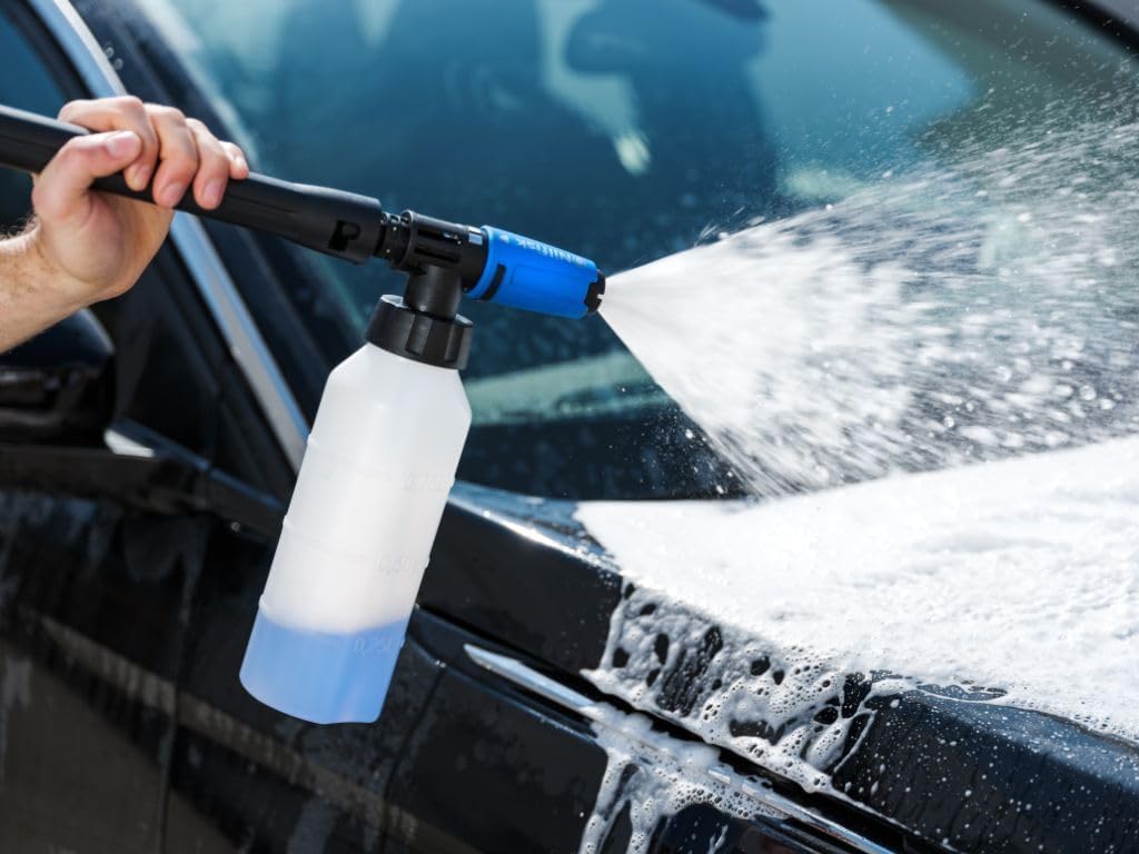 Washing a car with the Nilfisk Premium 200-15 High-Pressure Washer and detergent