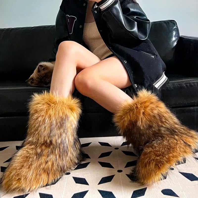 ipx Furry Faux Fur Boots for Women Fuzzy Fluffy Mid Calf Round Toe Snow Boots Women's Fashion Comfy Winter Boots Plush Warm Short Flat Heel Mid-Calf Shoes - Image 2