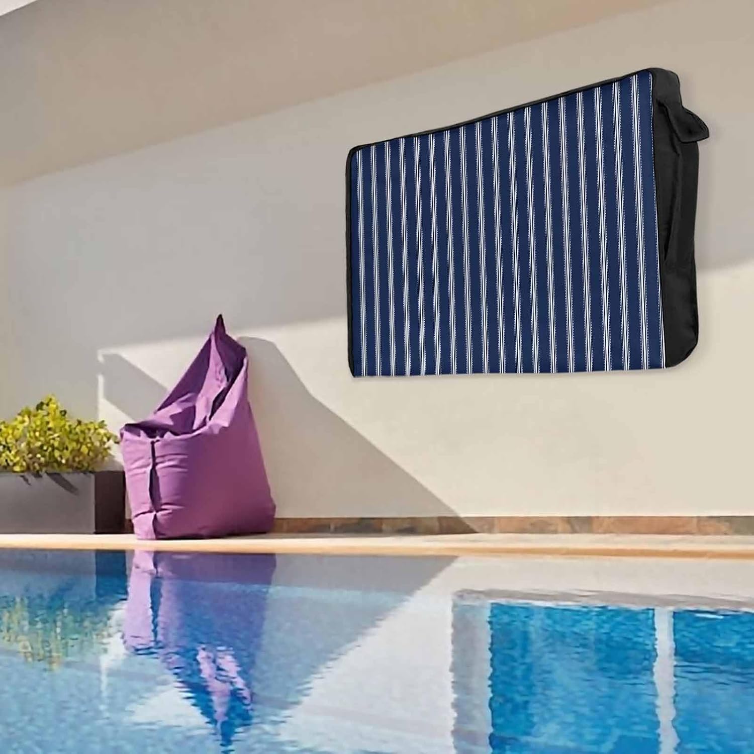 Outdoor TV Cover 75 Inch Navy Blue Stripe TV Enclosure Vertical Striped TV Covers for Outside TV Display Screen Protector with Remote Control Pocket Home Decor
