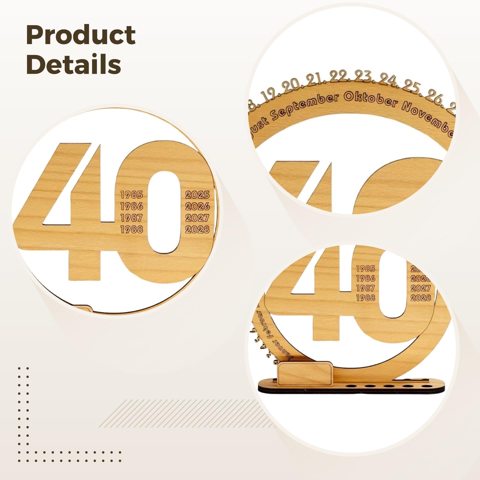 Calendrier perpétuel en bois pour bureau, cadeau pour 40e anniversaire, 11,8 in / 30 cm, contreplaqué de hêtre, plaque commémorative, fabriqué dans ce pays européen