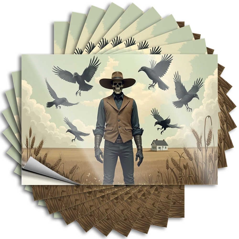 Bar Man Cave Decor Cover Sticker - Skull Cowboy in Wheat Field with Raven Swarm Neutral Durable Sticker Easy Apply for Standing Decor(12X18CM)