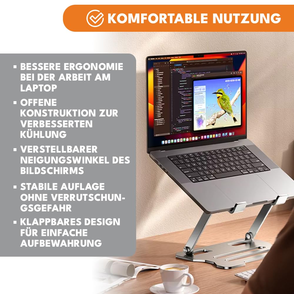 KRUMAD Stojak na laptop regulowany, składany metalowy stojak na notebooka, podstawka na laptop do biurka, sofy i łóżka, antypoślizgowy, stabilny, udźwig do 8 kg