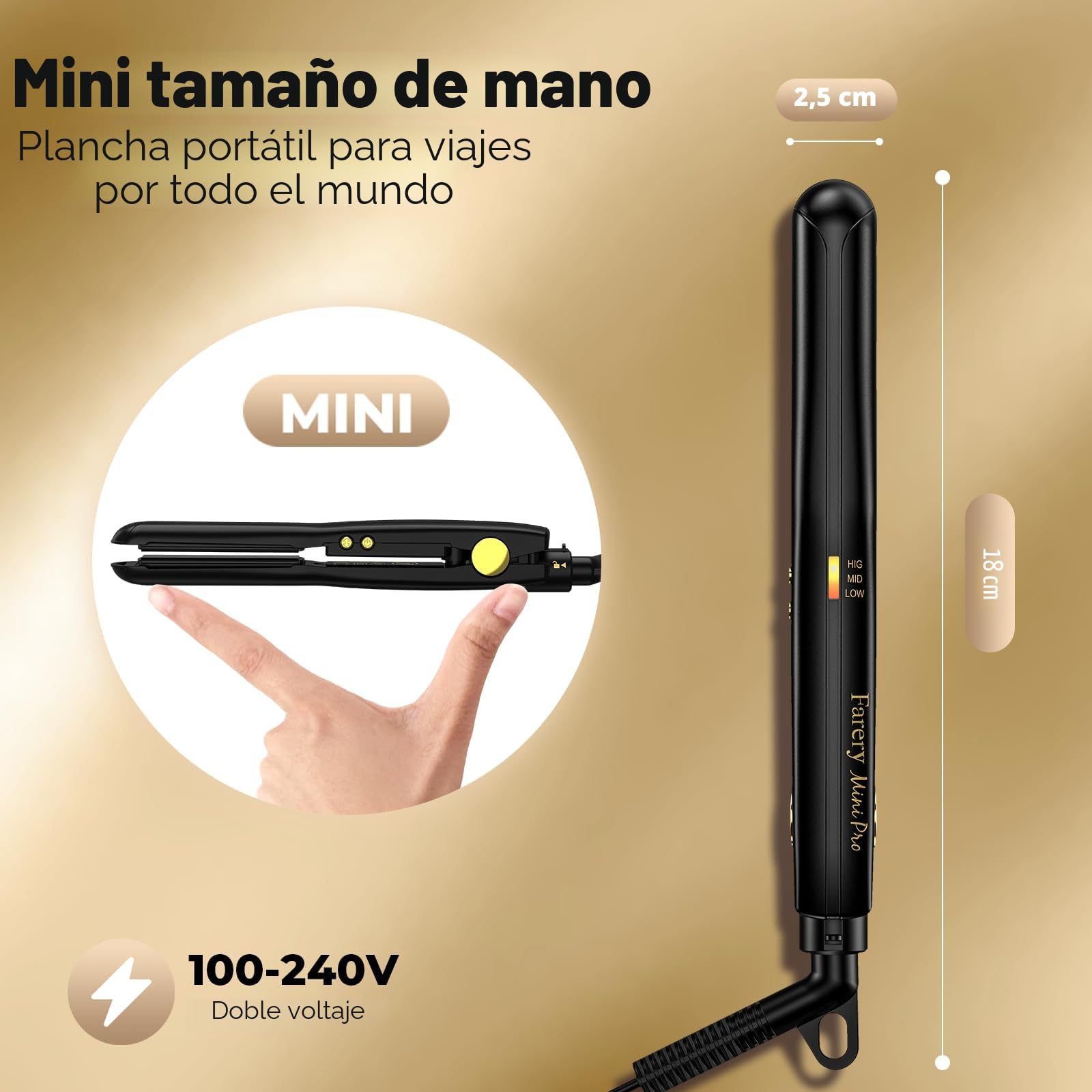 Plancha para Cabello Mini Farery, Ideal para Cabello Corto, con Ajustes de Calor Variables, de Cerámica Turmalina y Doble Voltaje. Plancha Mini con Bolsa, Apagado Automático, Negro.