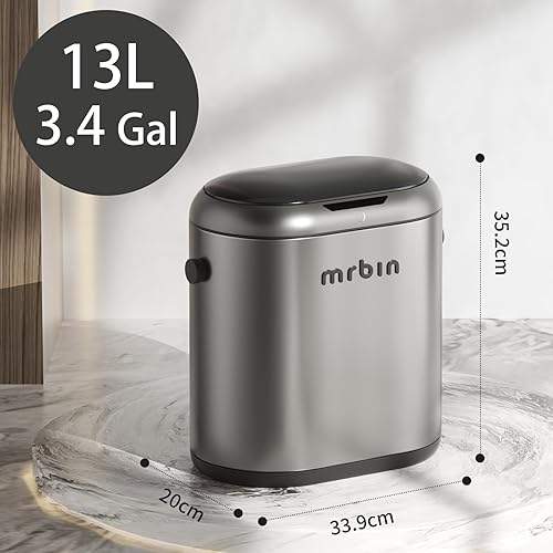 Miniatura 7 de MRBIN Cubo de basura de metal de absorción automática para baño, cubo de basura sin contacto con tapa, bote de basura delgado de 3.2 galones para