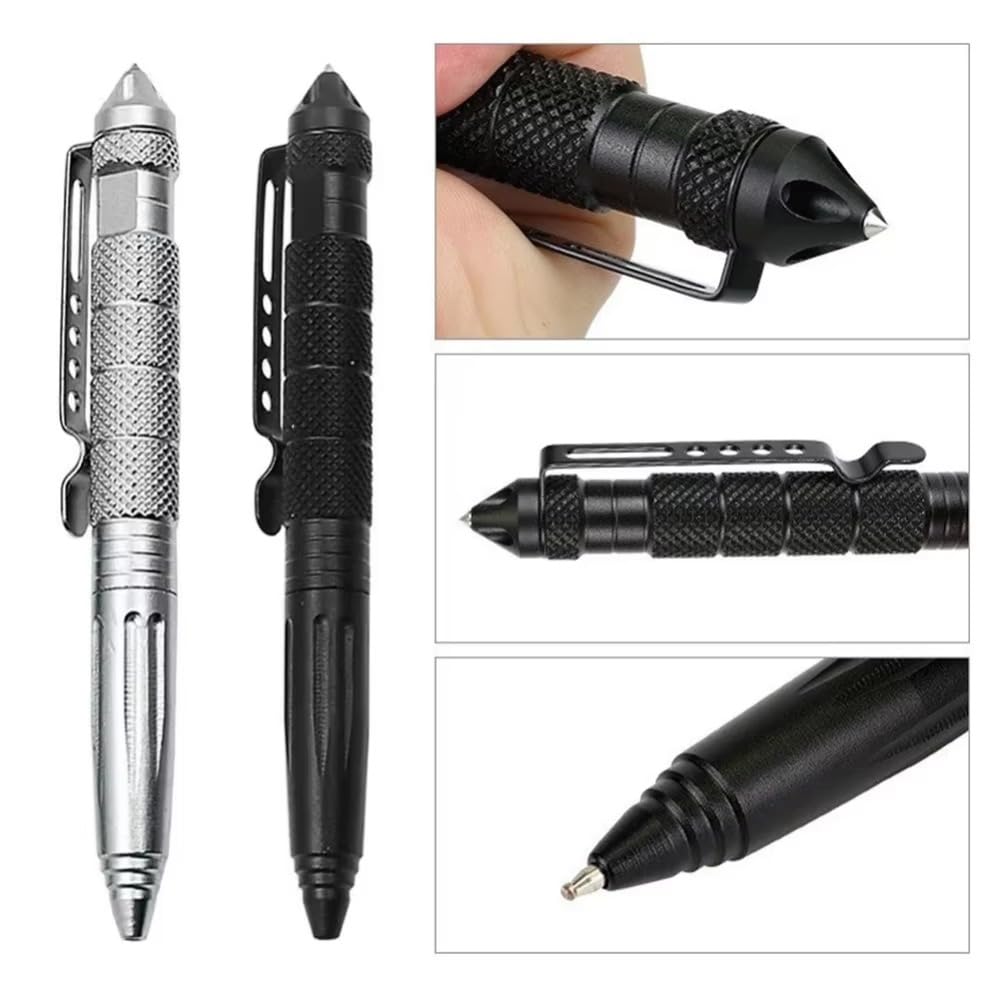 Lot de 2 stylos tactiques multifonctions avec tête en acier tungstène - Outil EDC - Cadeau pour homme (argenté + noir)