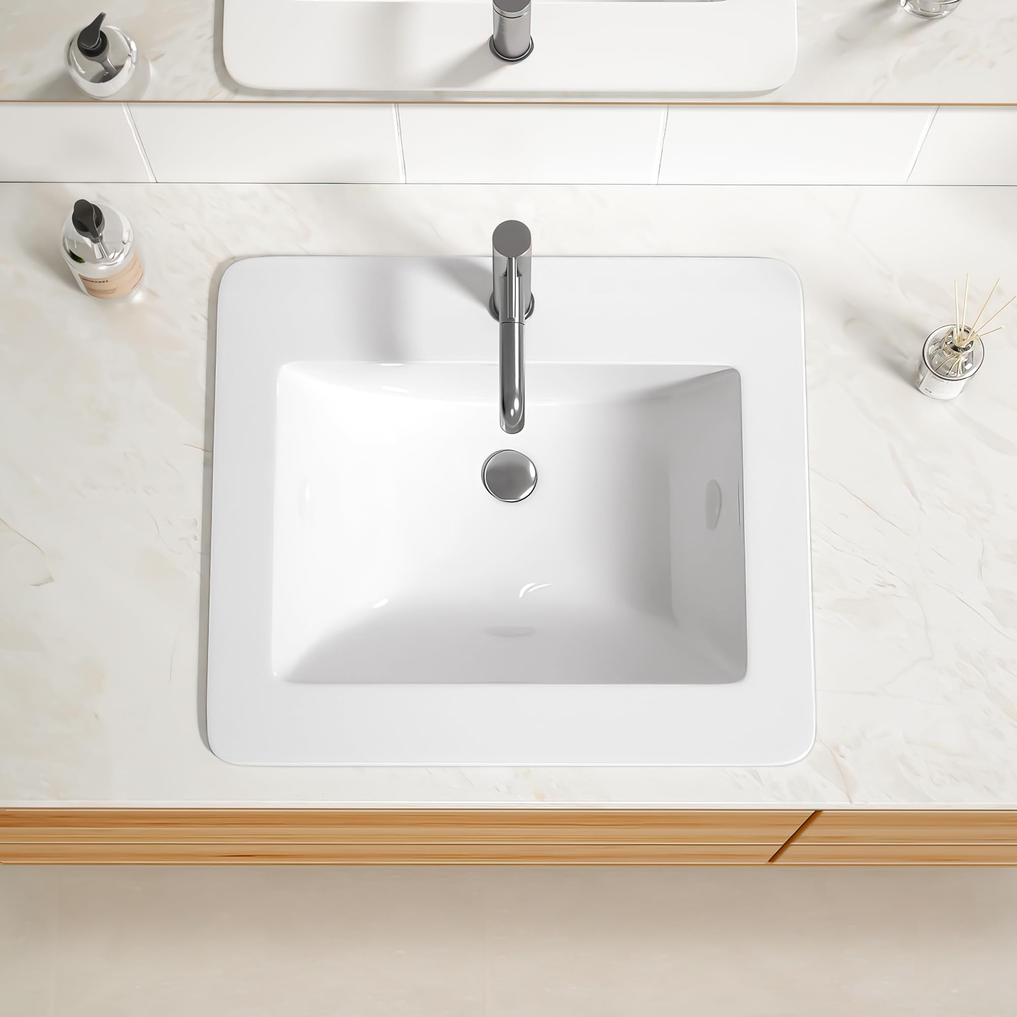 Fregadero rectangular de cerámica blanca Enbol para encimera para tocador con un solo agujero para grifo y desbordamiento, 21 pulgadas O2118